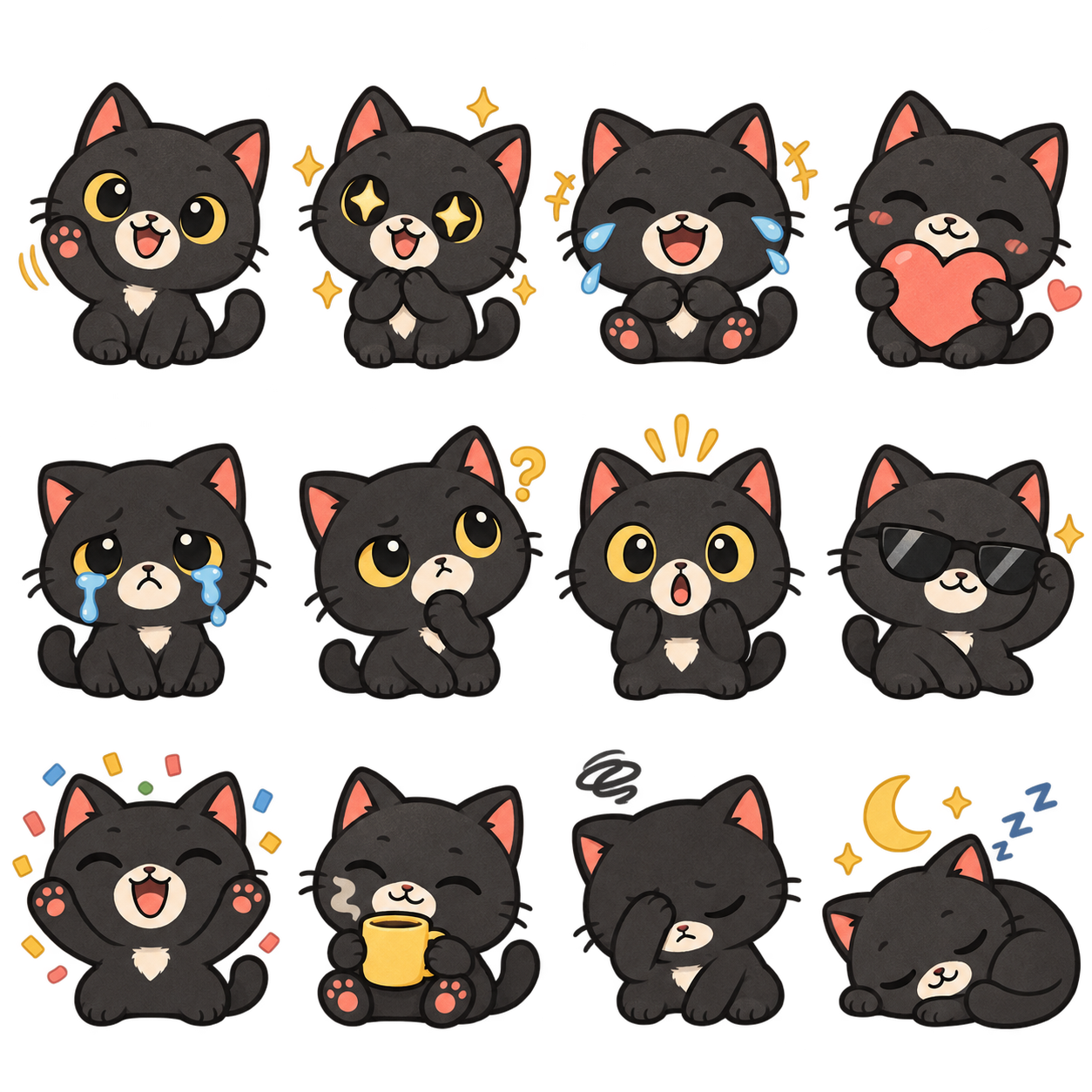 Twelve original charcoal cat emotes: waving, excited, laughing, loving, crying, thinking, surprised, cool, celebrating, coffee, facepalm and sleeping.